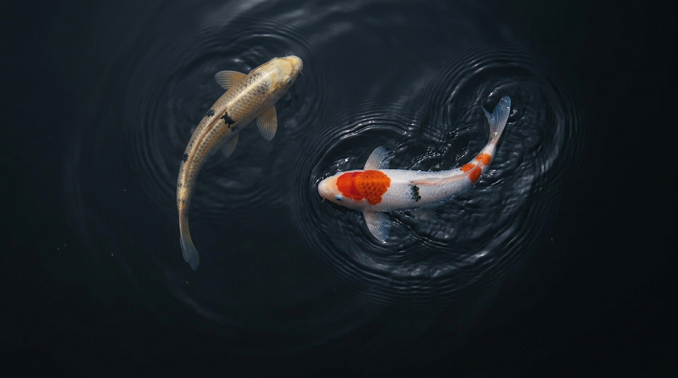 The white-and-vermilion koi breaking from its circular path