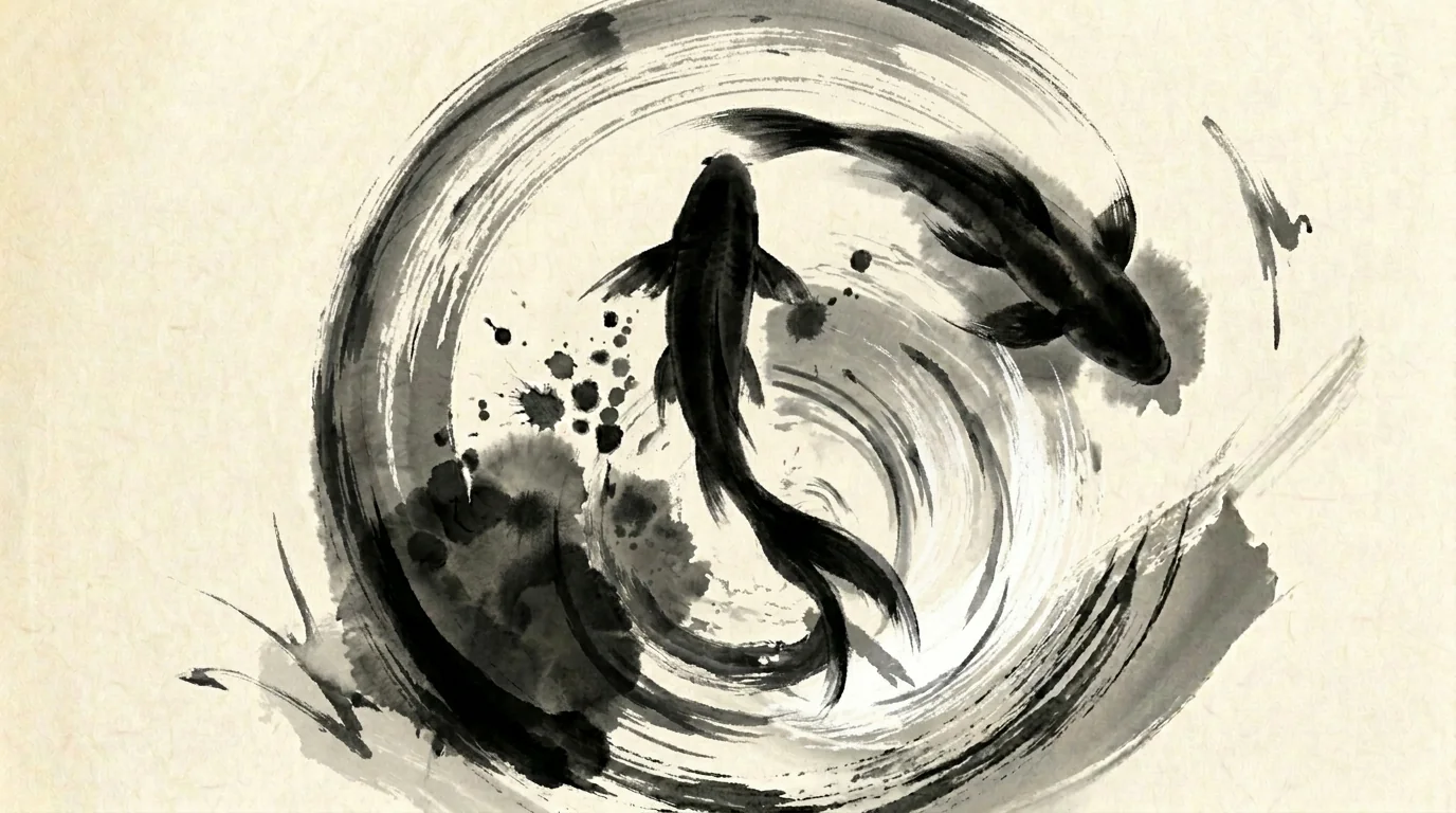Two koi resolved as a monochrome sumi-e ink painting